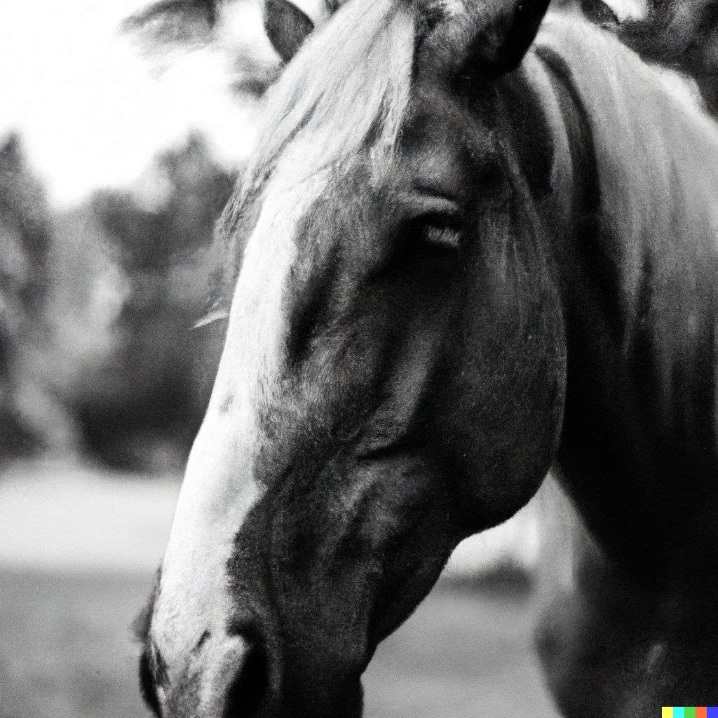 a horse, photograph, black and white